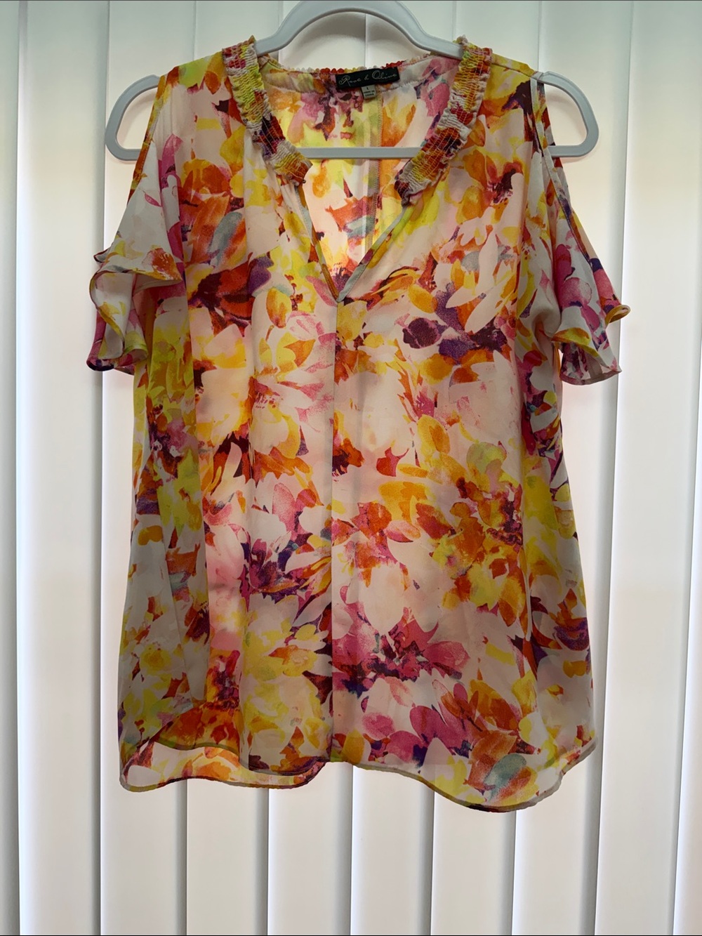 Rose & Olive Floral Cold-Shoulder Blouse in Yellow, Pink and Purple